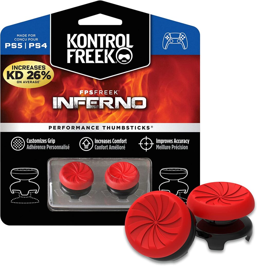 KontrolFreek FPS Freek Inferno for Playstation 4 (PS4) and PlayStation 5 (PS5) | Performance Thumbsticks | 2 High-Rise Concave | Red